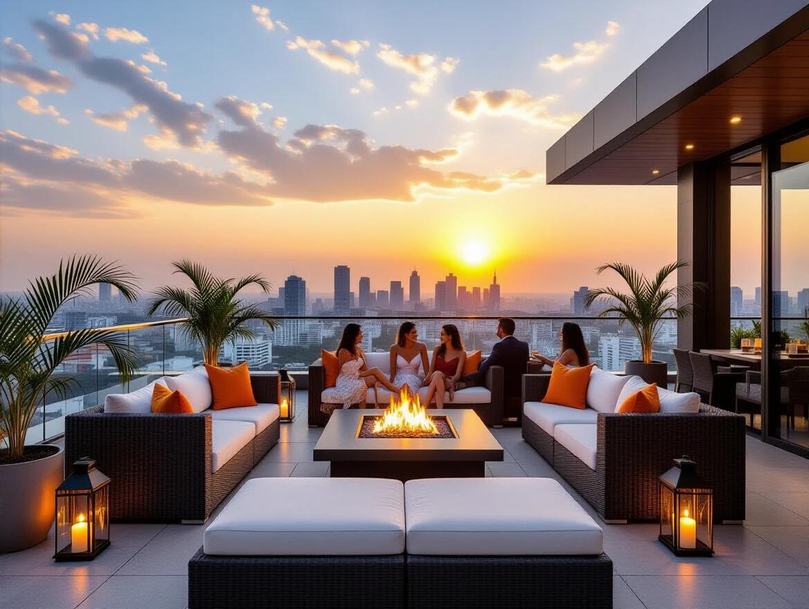 Rooftop terrace party sunset over Bangalore skyline. Modern building with elegant lounge seating. White cushions vibrant accent pillows woven rattan furniture. Cozy fire pit surrounded by soft lanterns string lights for warm glow. Potted palms lush green plants on premium wood-tile flooring. Glass railing showcases skyline view. Soft clouds golden hour lighting adds to classy social hangout atmosphere. Stylish guests mingle relaxed joyful moments captured in cinematic upscale vibe. No clutter ultra-detailed lighting materials clear focus.