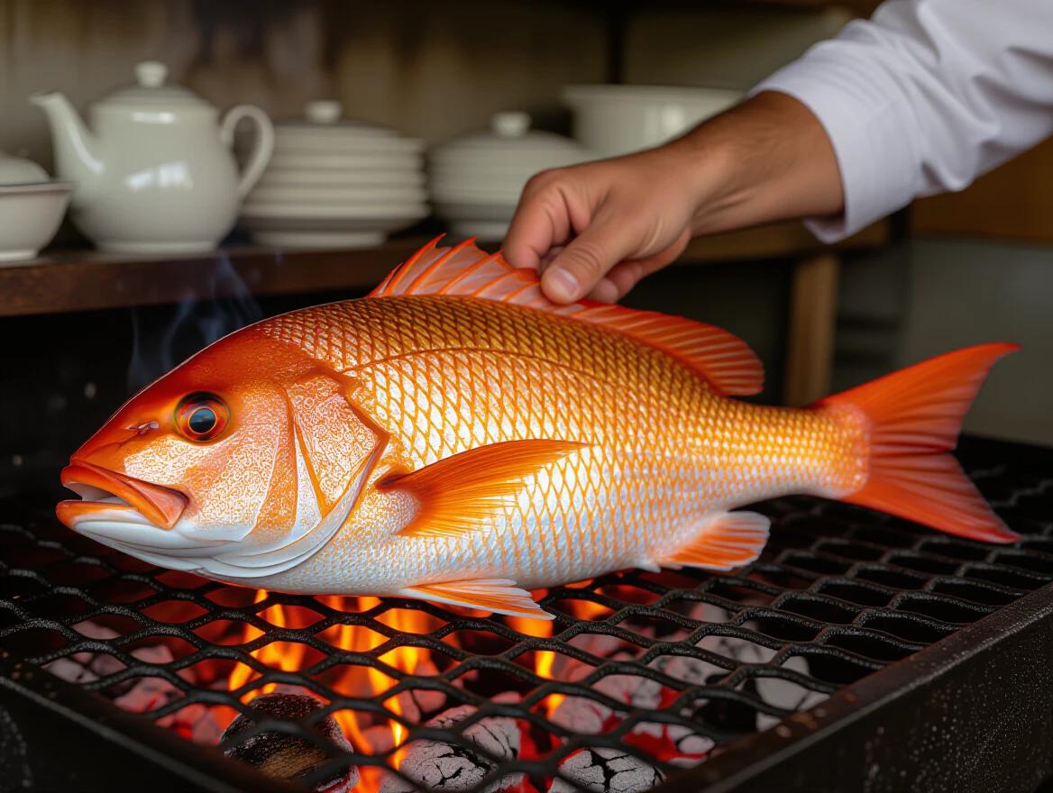 Close-up photograph showing a large red snapper grilling over an open fire on a metal grill grate. Fish has vibrant orange-red scales with a prominent eye. A hand adjusts the fish. Flames are visible beneath the grate. Background contains stacked white ceramic dishes and a teapot. Warm natural light enhances the golden glow on the fish's scales. Professional quality shot from the side emphasizing texture and fire intensity.