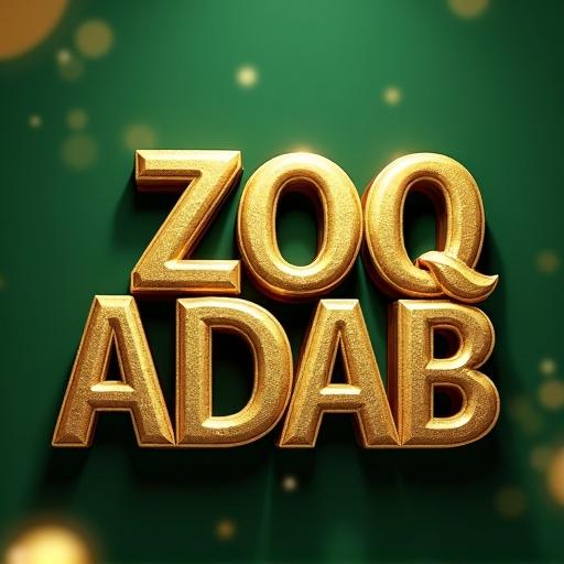 3D golden text ZOQ ADAB on a blurry green background. Detailed design with gold and silver elements. Themes of luxury and gaming are incorporated.