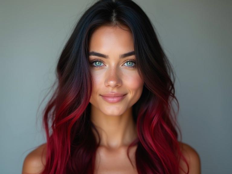 Portrait of a young woman with mesmerizing blue eyes and long black hair with red streaks. She has a confident expression and a warm smile. The image shows her from the front against a neutral background. Her stylish attire is elegant but not revealing. High-quality resolution highlights her features and hair.