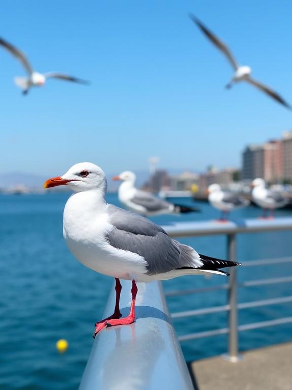 Photograph of seagulls on a metal railing by the coast. One seagull in the foreground has red feet and beak, white and grey feathers. Another seagull is behind on the same railing. Blue sky and calm water with a small boat and distant buildings. Seagulls flying in the sky. Bright sunlight enhances the features of the seagull. Medium close-up with depth of field. Peaceful atmosphere ideal for bird watching.