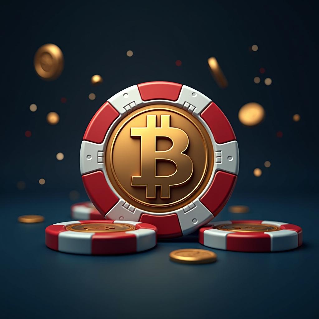 Depiction of poker chips designed with Bitcoin symbol. Focus on a central Bitcoin chip surrounded by additional poker chips. Use dark background that emphasizes the chips. Maintain a glossy and vibrant look.