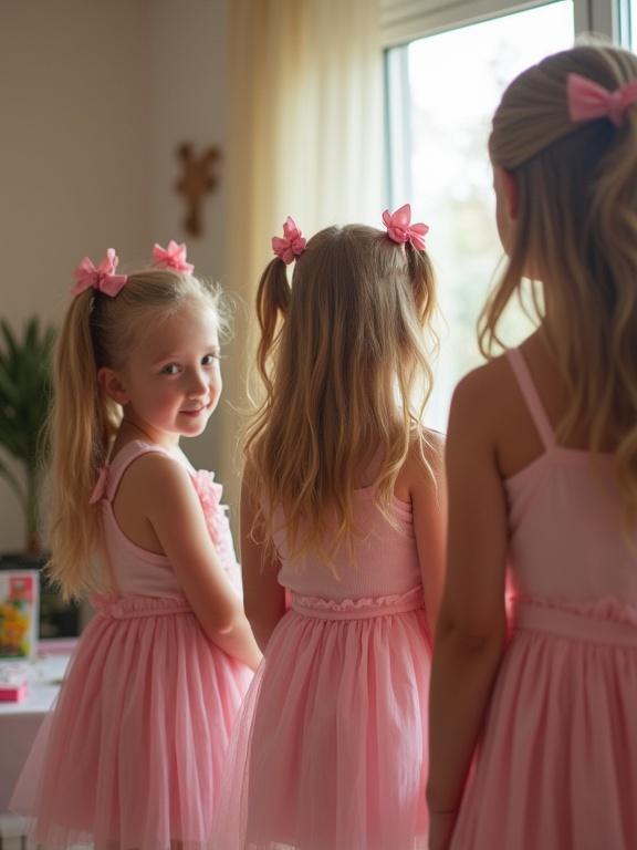 Three girls wearing pink dresses stand at a birthday party. They have blond hair styled in long twin tails with pink bows. The scene is set in a living room with soft natural lighting during the day. The image appears low resolution and bright, highlighting the youthful atmosphere at the celebration.