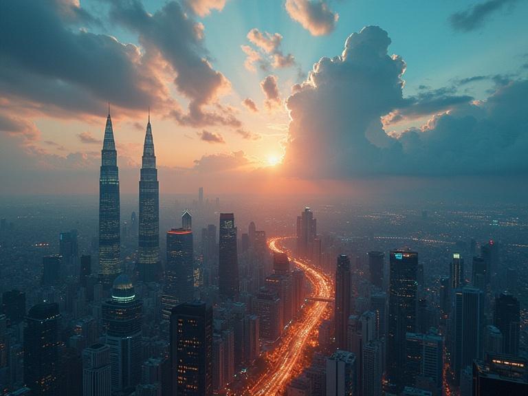 A surreal view of a city skyline at sunset featuring tall towers. Dramatic clouds fill the sky. A vibrant road winding through the city is highlighted.