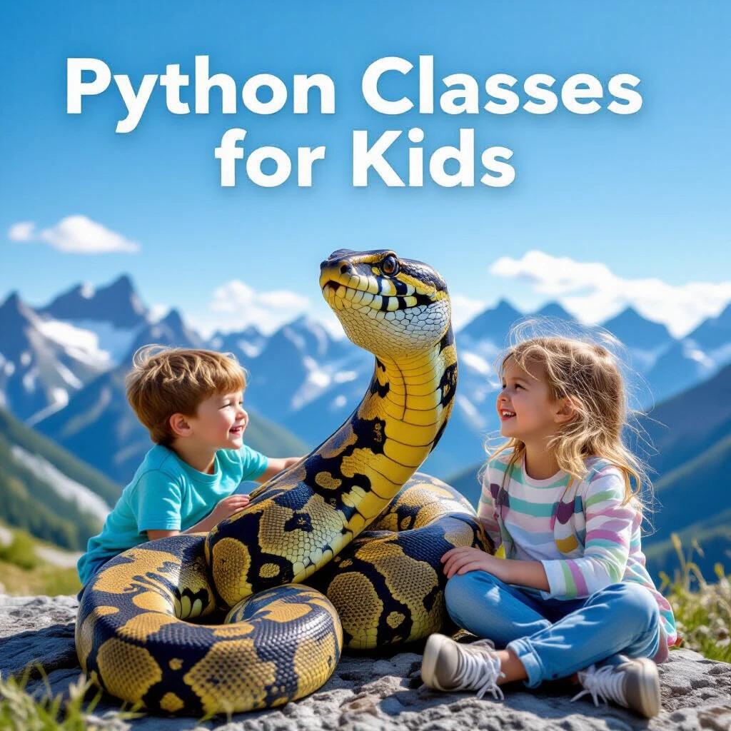 Realistic Instagram photo ad featuring children engaging with a large python snake in an outdoor backdrop with mountains. The image promotes Python classes for kids with emphasis on fun and education.