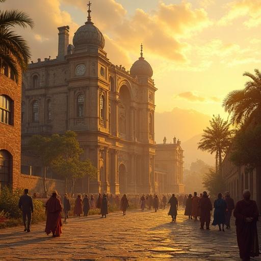 An urban scene showcasing an impressive historical building surrounded by people during golden hour. The street is lively with individuals walking past the architecture under warm lighting.