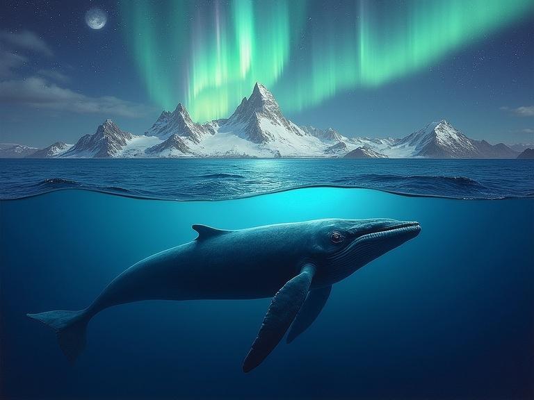 Whale swimming below the surface of the ocean with aurora reflecting above. Surreal impressionist fusion style