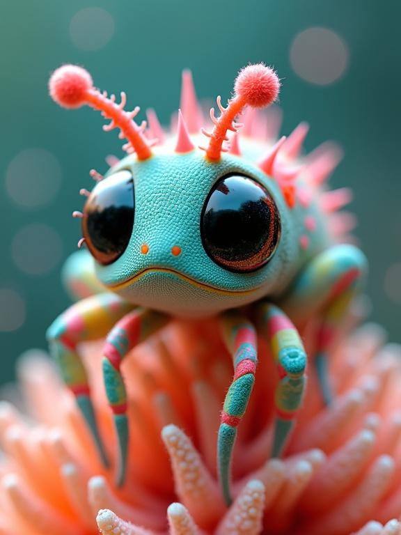 Surreal creature blends insect and sea life in a playful detailed design. Large glossy eyes, turquoise body, vibrant accents. Perched on abstract coral plant in an abstract brightly colored world.