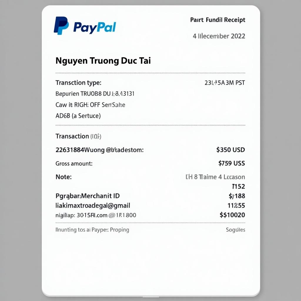 Generate a PayPal receipt image demonstrating payment received including seller and buyer details. Include transaction ID, gross amount, and date of transaction.