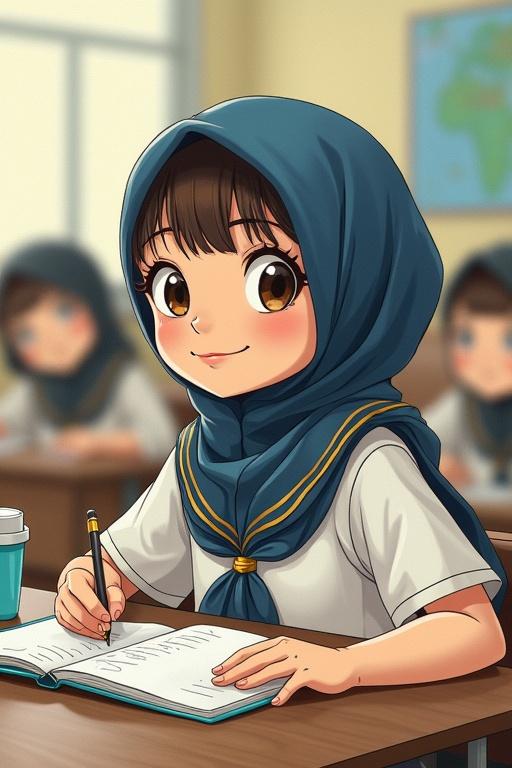 A student in a classroom seated at a desk. Wearing a navy blue hijab and a white school uniform. Focused on writing in an open notebook. Other students visible in the background. Natural light brightens the room.