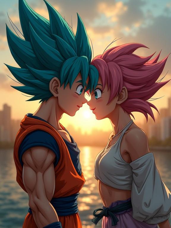 Goku and Hatsune Miku facing each other at sunset. Their faces are close together, showcasing a romantic moment. Goku has blue hair and muscular build. Hatsune Miku has pink hair and a stylish outfit. Background features a scenic view of a city skyline.