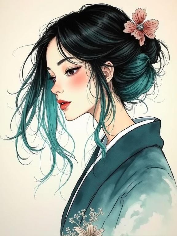 Muted Japanese ink painting depicting a woman with turquoise hair and a black outfit. Features a traditional Japanese background and floral accents.