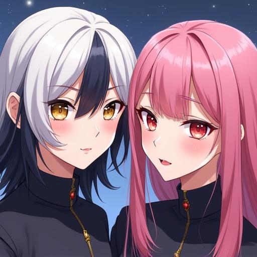 Anime couple. Girl with half white half black hair. Galaxy-like golden eyes. Guy with slick back pink hair. Ruby gem-like eyes.