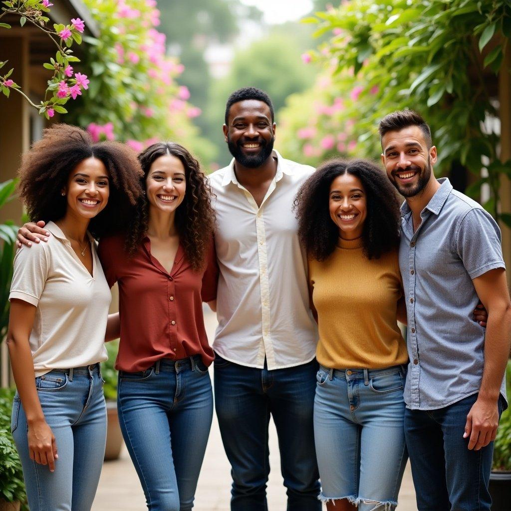 Group of five friends standing together outdoors. Friends smile and pose. They wear casual clothes. Lush greenery surrounds them. Bright pink flowers in the background.