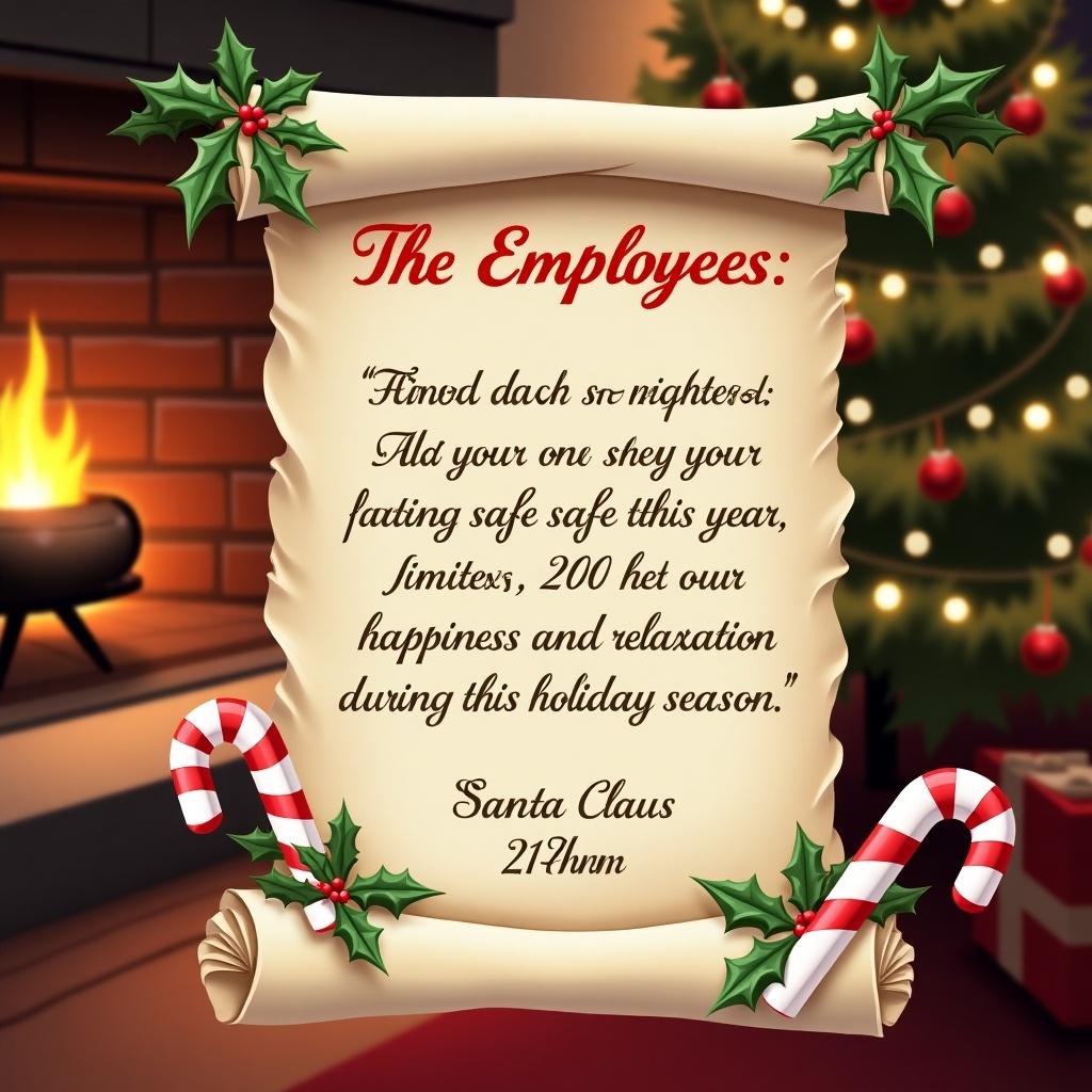 Festive letter from Santa Claus addressed to The employees of MHnS. Scroll decorated with holly and candy canes. Background displays cozy fireplace and Christmas tree.