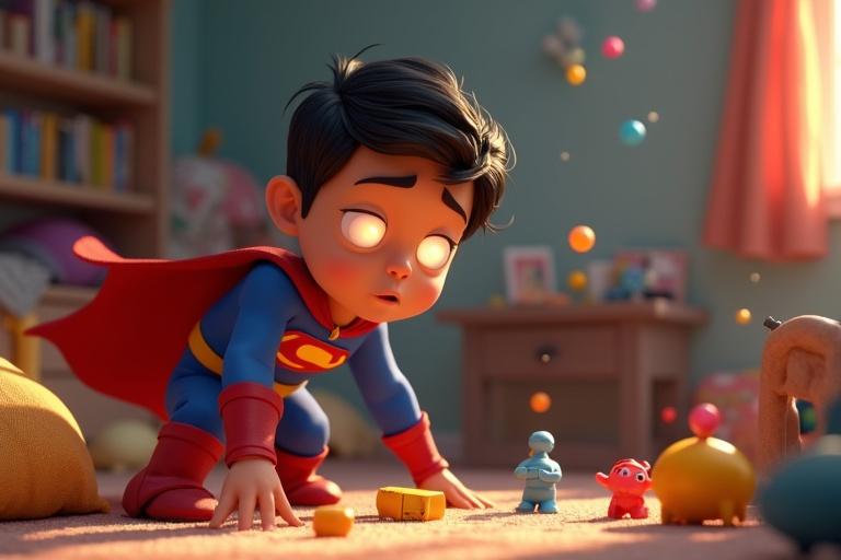 A chaotic animated scene shows a child dressed as a superhero searching among colorful toys. The child lifts various toys in a messy bedroom. Bright daylight streams into the room illuminating vibrant colors and creating a playful atmosphere.