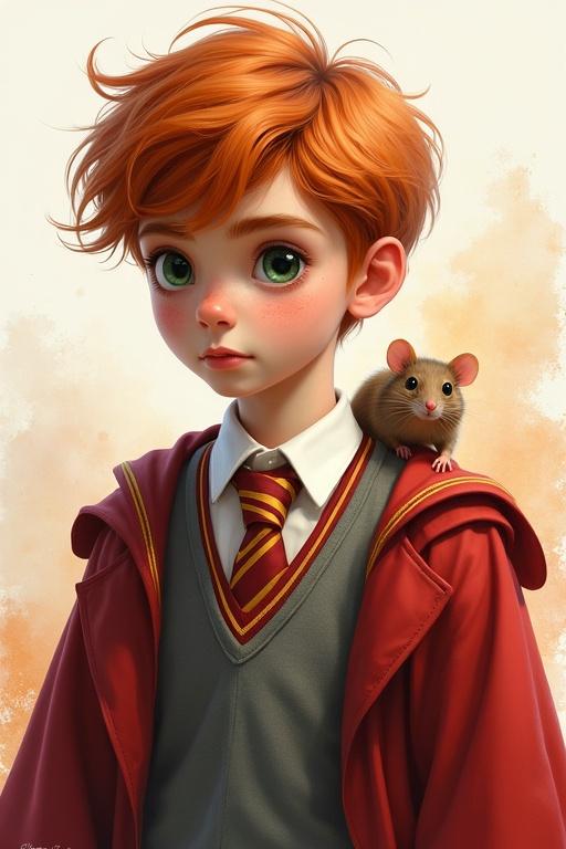 A highly detailed digital portrait of a teenage boy with tousled ginger hair and green eyes. He wears a Gryffindor-style uniform with a flowing red cloak. A small brown rat sits on his shoulder. The warm background features soft watercolor splashes. Dramatic soft lighting enhances the magical feel.