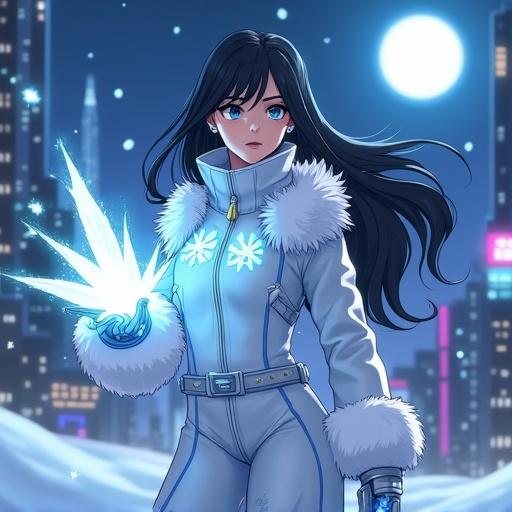 Luna Snow from Marvel Rivals in anime-inspired style stands in snowy urban setting under moonlight. She wears white-and-blue winter outfit with glowing snowflakes and high-tech earpiece. Channeling icy energy into frost projectile. Background features falling snowflakes, neon skyline, and magical effects. Long black hair, bright determined eyes, and bold expression. Modern anime aesthetics with Marvel flair, detailed facial features, soft lighting, and vibrant colors.