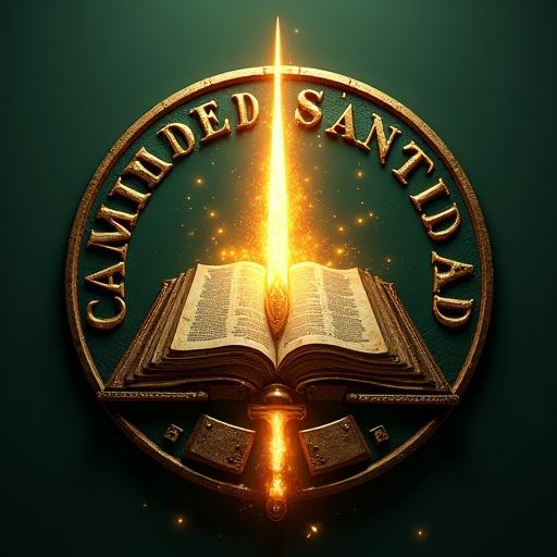 Design a hyper-realistic circular logo for a Pentecostal Evangelical church. Include bold text 'Iglesia Evangélica Pentecostal' and 'Camino De Santidad'. Feature an open Bible with a divine hand and flaming sword. Integrate subtle flames around elements and a stylized path at the bottom. Use a deep green, gold, yellow, and white color palette with clean lines.