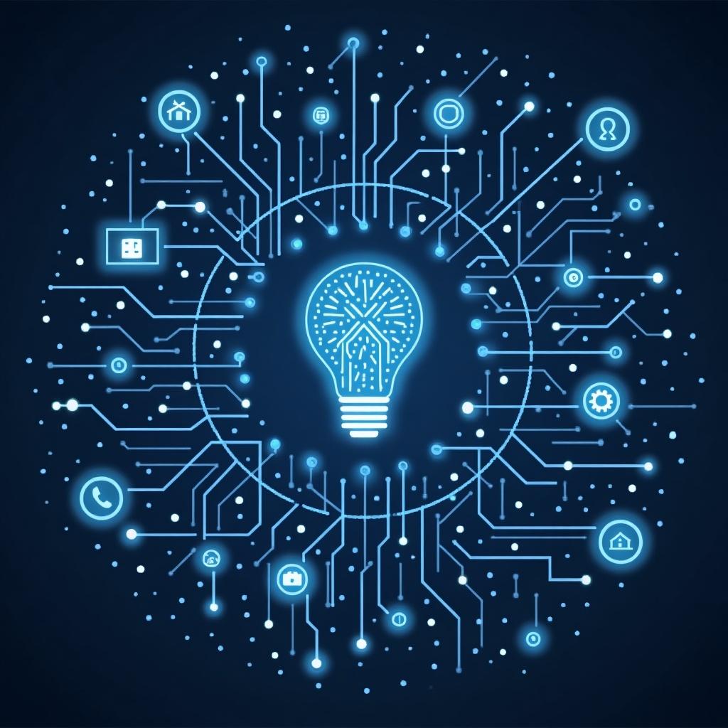 Visual representation of the future of SaaS with AI-driven agents. Features a central light bulb design surrounded by interconnected circuit patterns and various tech-related icons. Indicates innovation and technology trends.