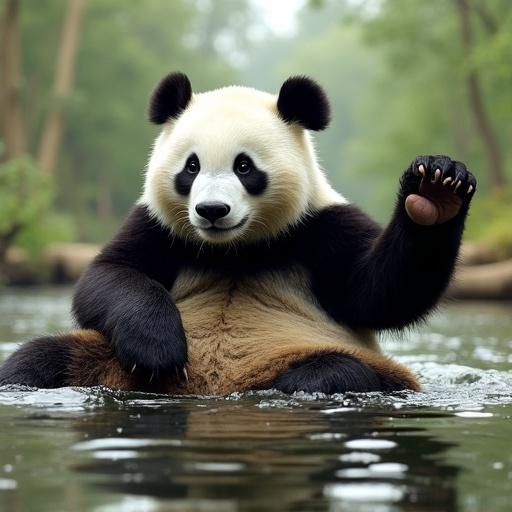 Giant panda is drifting on a bamboo raft in a stream. Left hand reaches out as if to hold the viewer's hand.