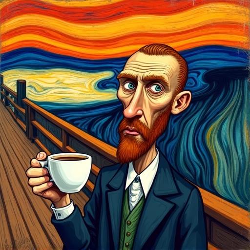 Humorous caricature inspired by Edvard Munch's The Scream. Character with exaggerated facial expression. Holding empty coffee cup. Depicting distressed look. Utilizing vibrant colors in comic book style. Text included saying ACABOU O CAFÉ. Highly detailed with sharp focus. Clean background.