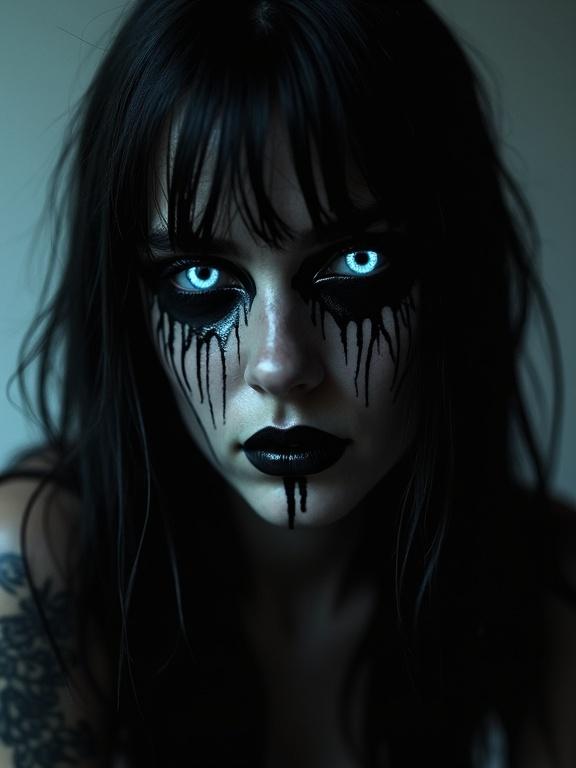 Close up portrait with ambient lighting. Features a figure with shiny blue eyes and dripping black paint effect. Hair appears long and wet. Gray background enhances the somber mood.