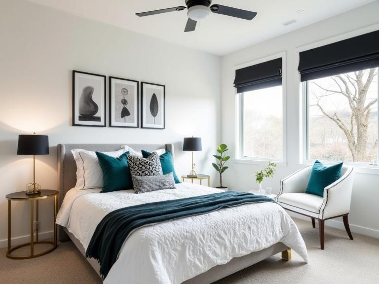 Photograph of a modern bedroom featuring white walls and a large bed with a white quilted bedspread. Teal and black patterned pillows and a teal blanket enhance the decor. Two black table lamps with gold bases sit on gold round side tables. A white upholstered chair with gold legs and a teal cushion complements the room. Three framed artworks hang on the wall. Two large windows with black blinds allow natural light in, with one revealing a tree outside. The ceiling fan adds to the cozy atmosphere. The beige carpet completes the clean and simple design.