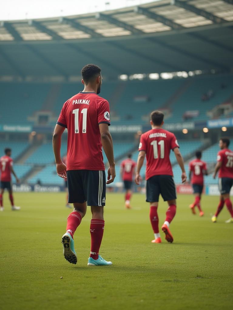 A village based stadium filled with players wearing jerseys. Players are on the field with jersey number 11 shown. Two players walking with focus on one player's back and jersey reading PAIKMAL. The stadium is vibrant with spectators.