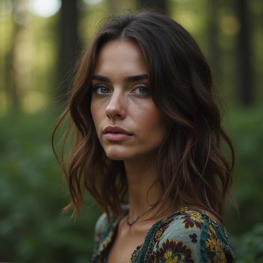 Portrait of a woman in a forest setting full body view. Young woman about 25 years old. Focus on natural beauty and serene environment.