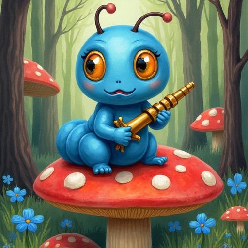 This image features a blue caterpillar with large golden-yellow eyes. It sits on a large red mushroom with white dots. The caterpillar holds a golden hookah. Surrounding it are tall trees, small mushrooms, and blue flowers. The artwork is in a hyper-detailed, high-contrast watercolor style.