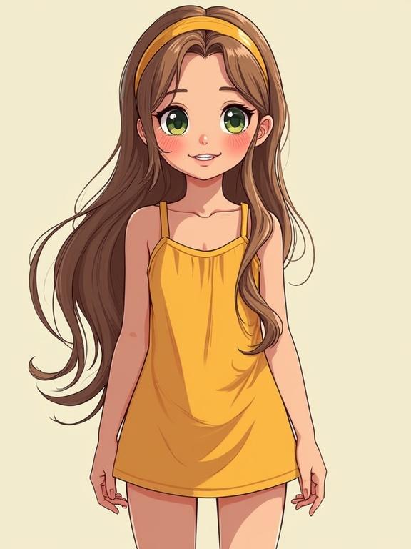 Full body portrait of a cheerful teenage girl. She has green eyes, rosy cheeks, and long light brown hair with a headband. She wears a yellow sundress and stands with a slender body. Background is trendy style with soft lighting and smooth lines.