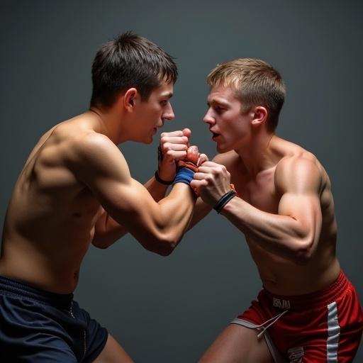 Two boys engaged in an arm wrestling match. They are focused and showing effort. One boy has light skin and short hair while the other has dark hair. Both are muscular.