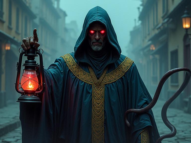 A corrupted bishop wrapped in a luxurious mantle shaded like the ocean adorned with golden embroidery. A hood obscures his face, revealing glowing red eyes. A lantern in one hand lights the scene while tentacles emerge from his sleeve. Background features a foggy port city resembling Victorian England, creating a horror atmosphere. Emotions of fear and terror are evoked.