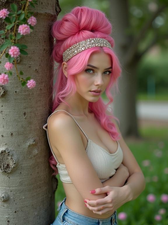 A striking woman with vibrant pink hair styled in an elaborate updo. Decorative headband accents her look. Poses next to a tree in a garden or park. Wearing a light-colored top and denim shorts. Surrounded by small pink flowers and lush greenery. Captures a fresh and vibrant atmosphere.
