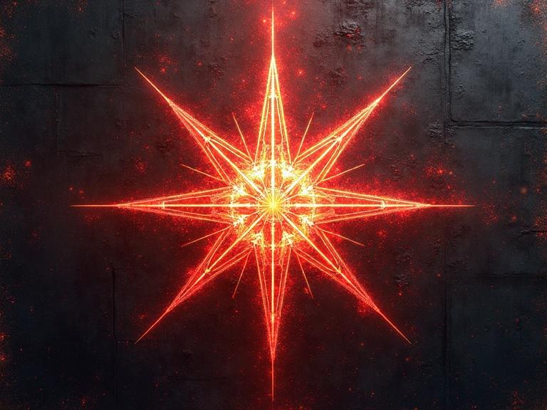 Abstract geometric star design featuring a vivid red and orange palette set against a dark textured background. The star represents power and myth with a central glowing element.