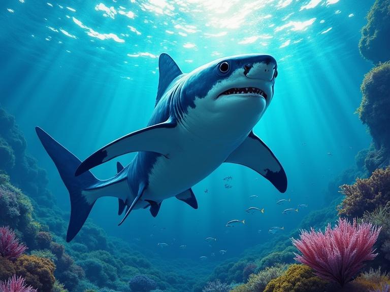 Painterly illustration of a giant hammer shark swimming directly towards the viewer. Clear underwater scene with bright colors and detailed coral accents. Sunlight streams through the water creating a vibrant environment.