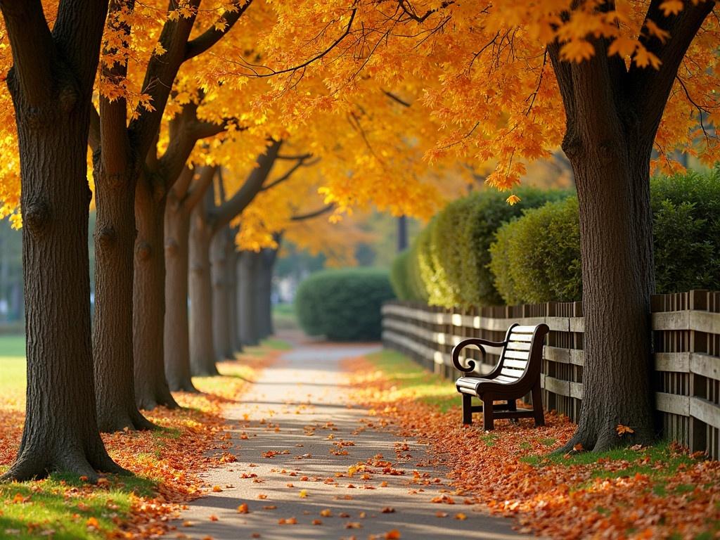 The image depicts a serene autumn scene with a pathway lined by tall trees. The leaves on the trees are vibrant shades of orange and yellow, creating a warm atmosphere. A wooden bench is positioned along the path, inviting passersby to take a rest. The ground is covered with fallen leaves, enhancing the autumnal feel of the setting. In the background, a wooden fence partially surrounds the area, and hints of greenery can be seen, contrasting with the fall colors.