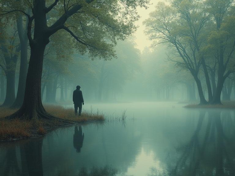 Lone figure stands at the edge of a foggy bayou. Surrounding dense foliage of ancient bald cypress trees. Still waters reflect the figure and the surroundings, creating mystery. Rendered in pointillist style, with tiny colorful dots. Muted color palette dominated by greens, browns, and grays, with hints of blues and purples.
