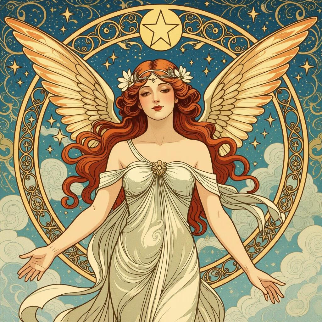 Create a mythical Art Nouveau female portrait of a figure with wings entwined with serpentine patterns. Set against a background of ethereal clouds and stars.