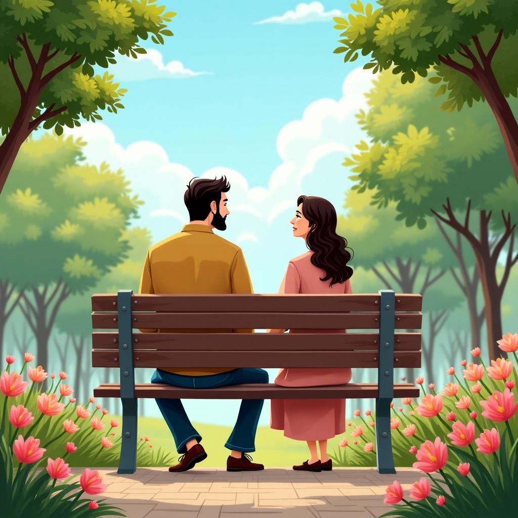 A couple sits on a park bench. They are surrounded by green trees and blooming flowers. The sky is bright and blue. The couple appears happy and engaged with each other.