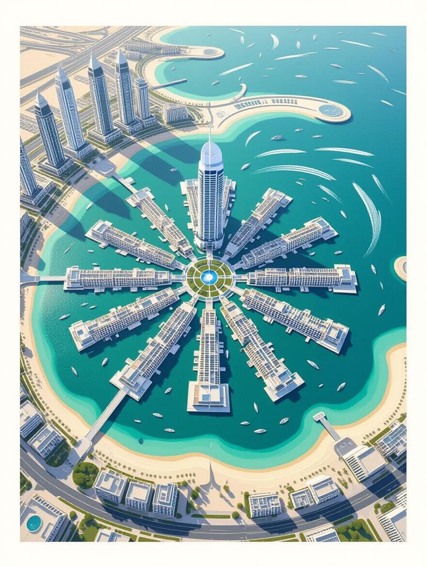 Iconic minimalist design of Palm Jumeirah shown from above. Clean lines and ample white space enhance the visual. The tower stands as a central feature. The water surrounding the island is a vibrant turquoise color. Geometric shapes form a harmonious layout, emphasizing balance. A single bold dot represents the heart of the island.