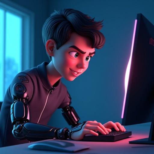 Hyper-stylized 3D cartoon portrait of a young man with fair skin and slightly shiny texture. He displays anger and concentration while playing on a modern gamer PC. The background is a deep navy blue with a view of a cyberpunk city through a window. The character has ultra-realistic cyborg arms. Lighting is cinematic with soft front and contour effects for depth.