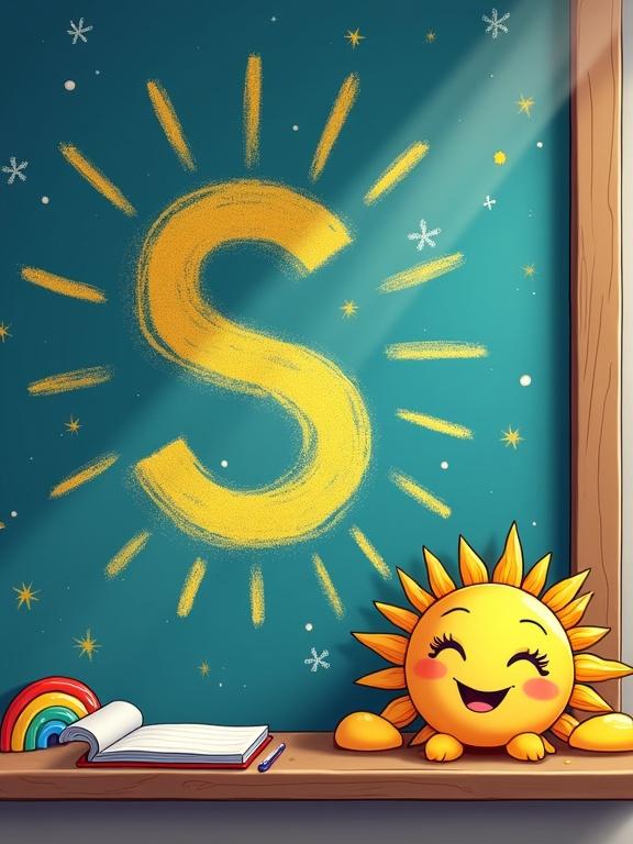Cartoon illustration with a chalkboard featuring a sunny letter 'S'. A joyful sun rests on the chalkboard ledge. Includes clouds, sparkles, and rainbows. Warm, vibrant colors and soft textures make the scene inviting.
