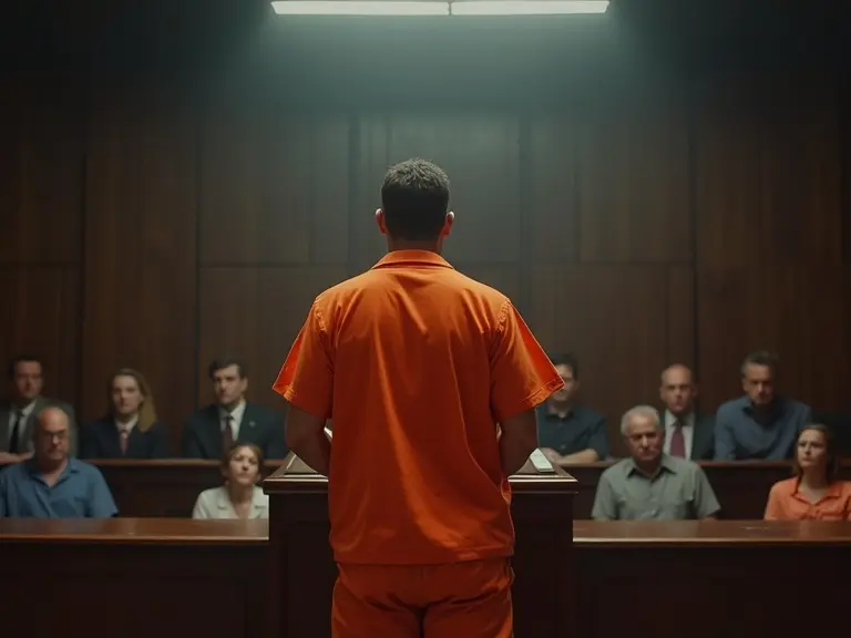 Prisoner in orange jumpsuit presenting case confidently in court. Stand at podium before judge. Audience watching intently. Powerful courtroom drama. Spotlight effect. Realistic scene.