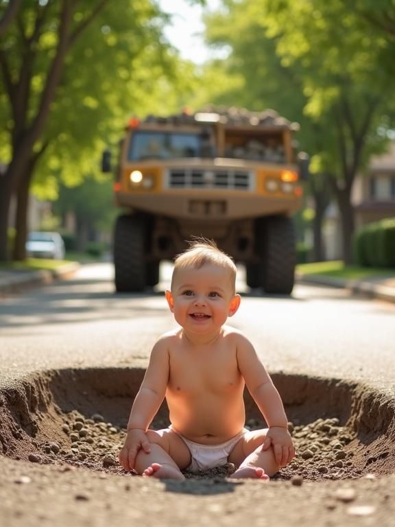 A baby sits in a pothole on a sunny suburban street. The baby wears white underwear and has a curious expression. A construction vehicle approaches in the background. The scene has lush green trees, bright lighting, and a lively atmosphere. The focus is on the baby's features and confident pose while the vehicle is softly blurred.