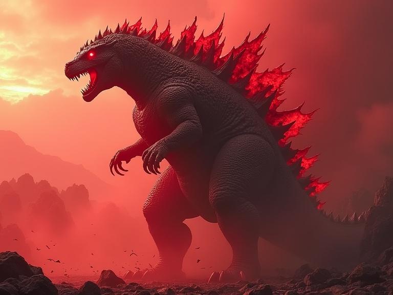 A massive red Godzilla stands in a fiery landscape. The background is filled with smoke and volcanic rock. Godzilla has glowing red eyes and spiky dorsal fins.