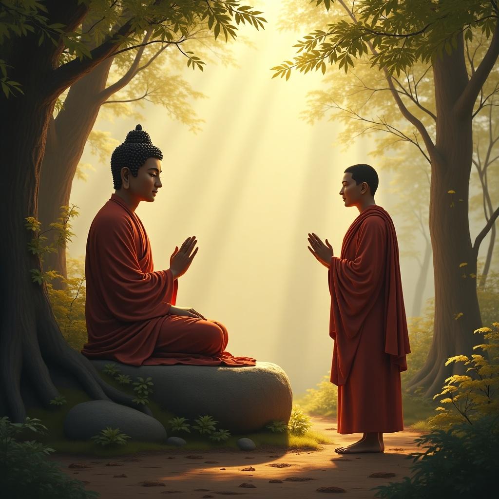 Buddha teaches and guides monks in a serene forest setting. The atmosphere is tranquil and filled with light.