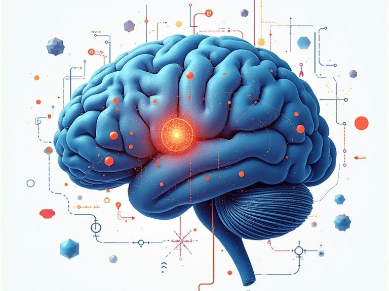 Visual representation of cognitive offloading. A blue brain with light connections. Abstract scientific theme. Circuits and shapes surrounding the brain.