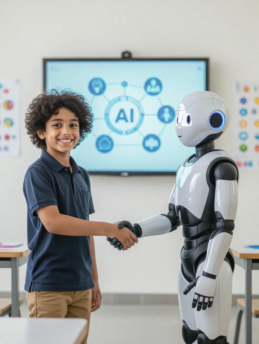 A boy shakes hands with a humanoid robot in a tech classroom. The classroom is bright. A digital whiteboard shows AI icons. There are colorful educational posters. Desks are arranged neatly. The scene shows connection and wonder between technology and student. Soft natural lighting enhances the atmosphere.
